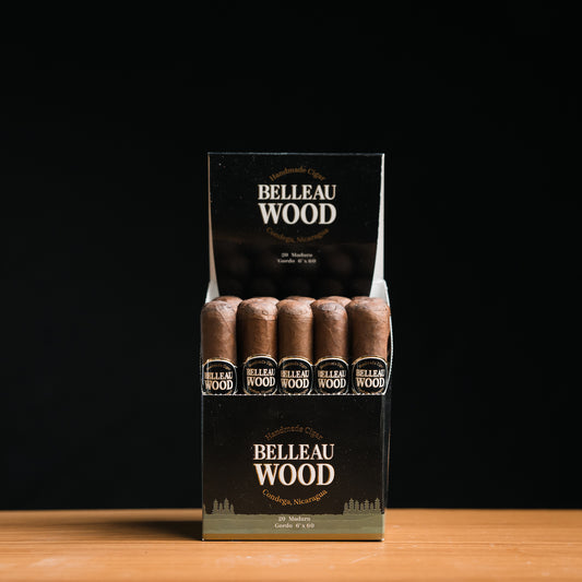 A box of Belleau Wood Maduro cigars with multiple cigars visible, wrapped in Ecuadorian maduro wrapper.
